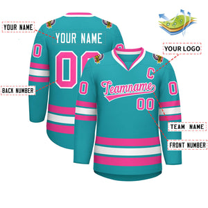 Maillot de hockey de style classique Aqua rose-blanc personnalisé