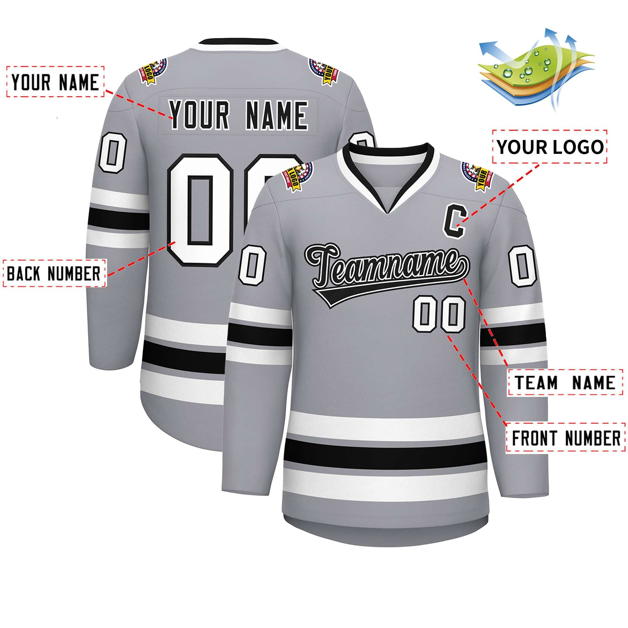 Maillot de hockey de style classique personnalisé gris noir blanc-noir