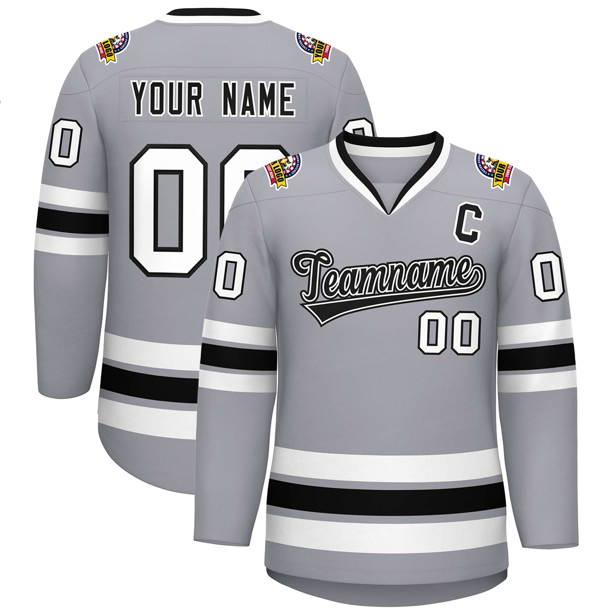 Custom Gray Black White-Black Classic Style Hockey Jersey