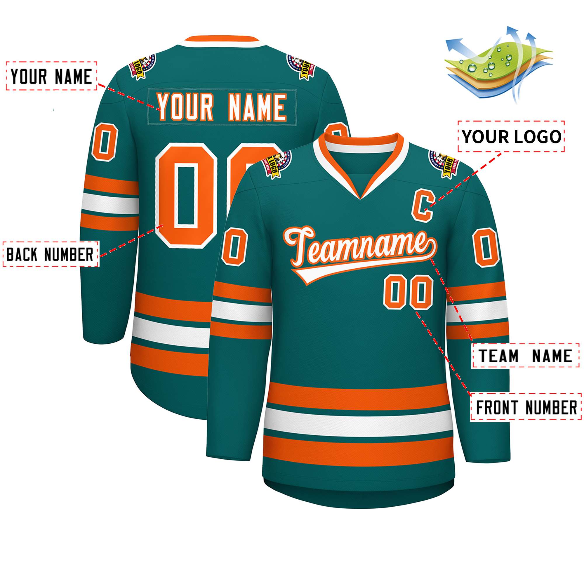 Custom Teal White-Orange Classic Style Hockey Jersey