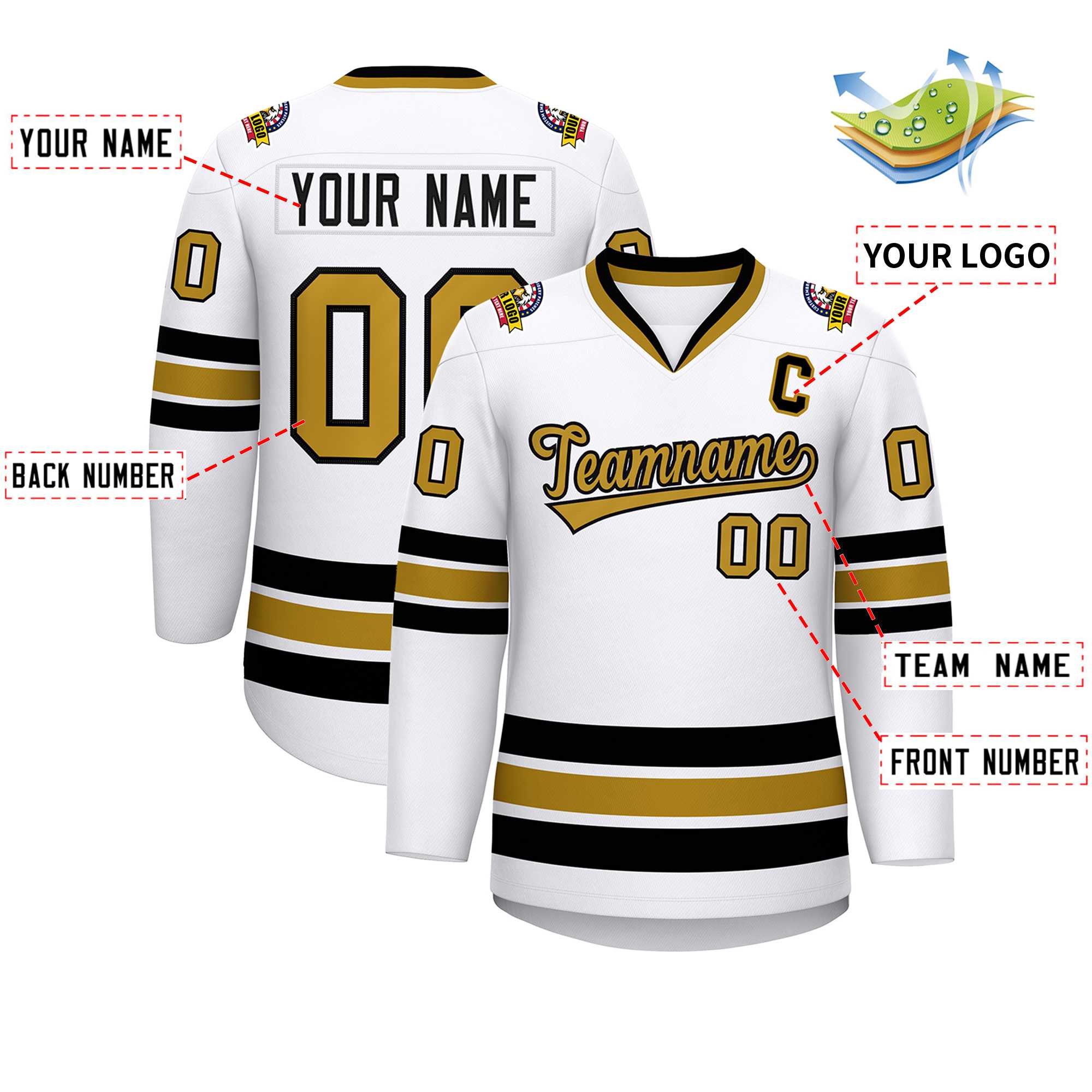 Custom White Old Gold-Black Classic Style Hockey Jersey