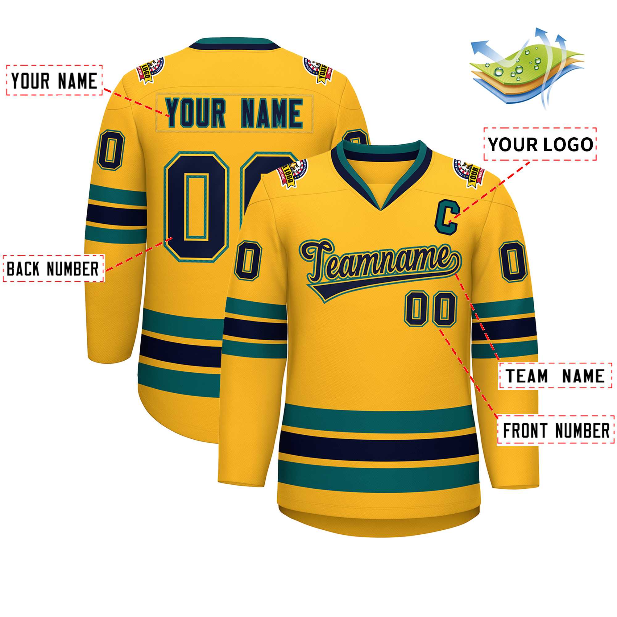 Custom Gold Navy Gold-Aqua Classic Style Hockey Jersey