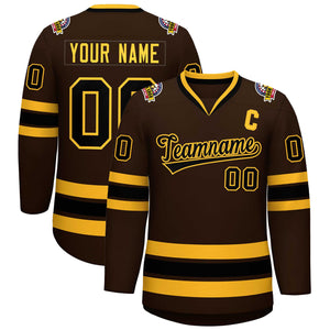 Custom Brown Black-Gold Classic Style Hockey Jersey