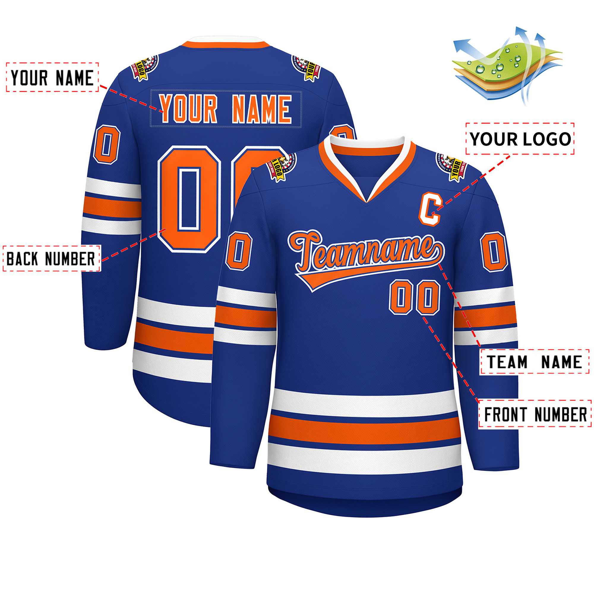 Maillot de hockey personnalisé de style classique Royal Orange Royal-White