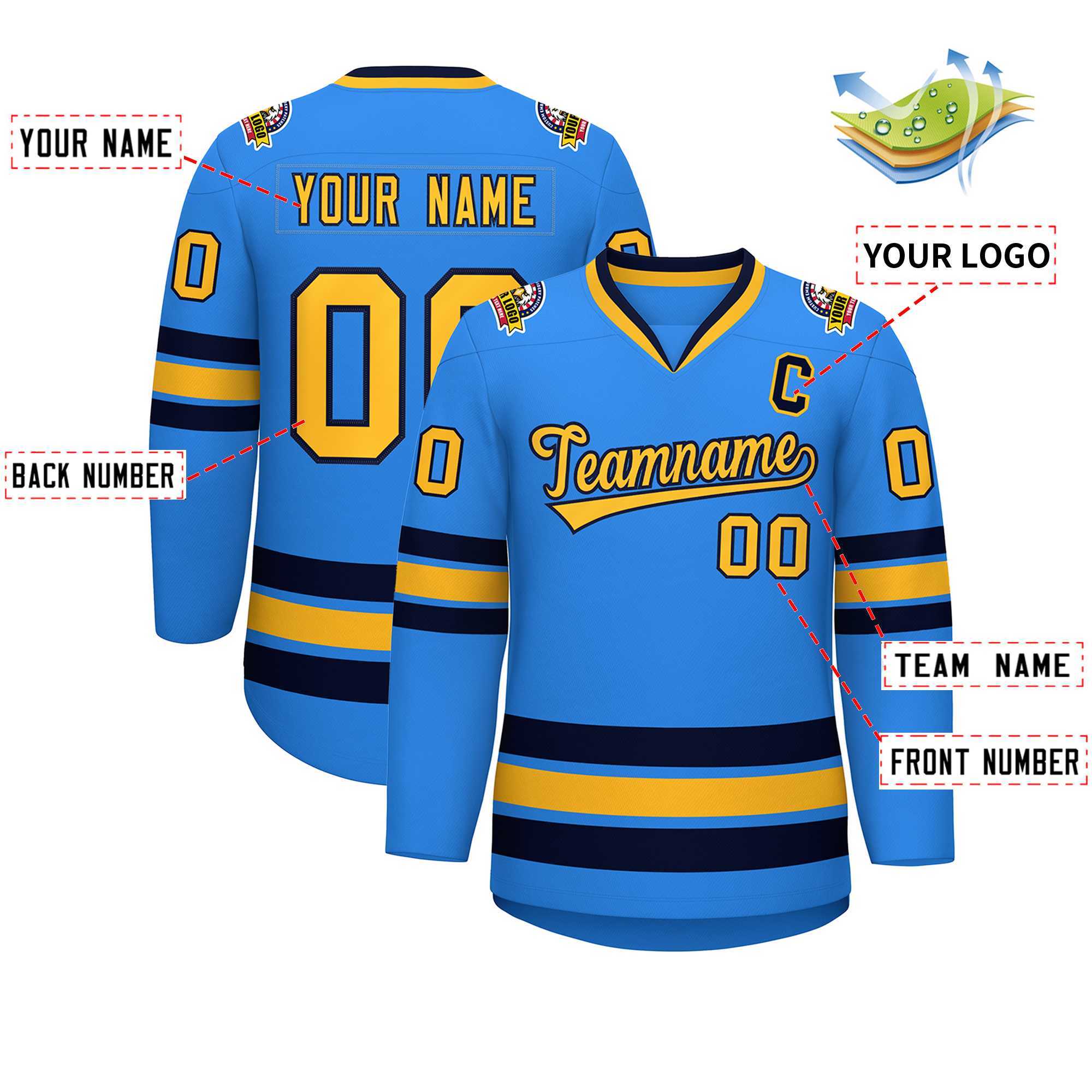 Custom Powder Blue Gold-Navy Classic Style Hockey Jersey