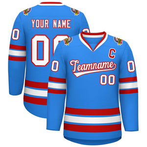 Maillot de hockey de style classique bleu poudre blanc-rouge personnalisé