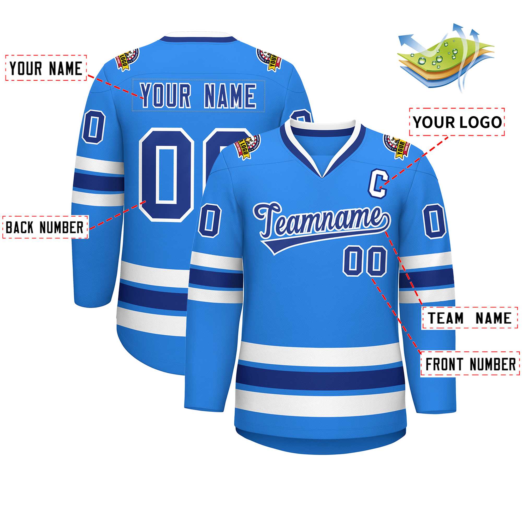 Maillot de hockey de style classique bleu poudre personnalisé Royal-White