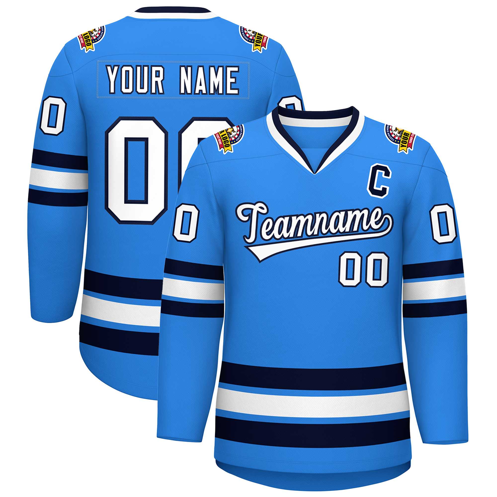 Custom Powder Blue White-Navy Classic Style Hockey Jersey