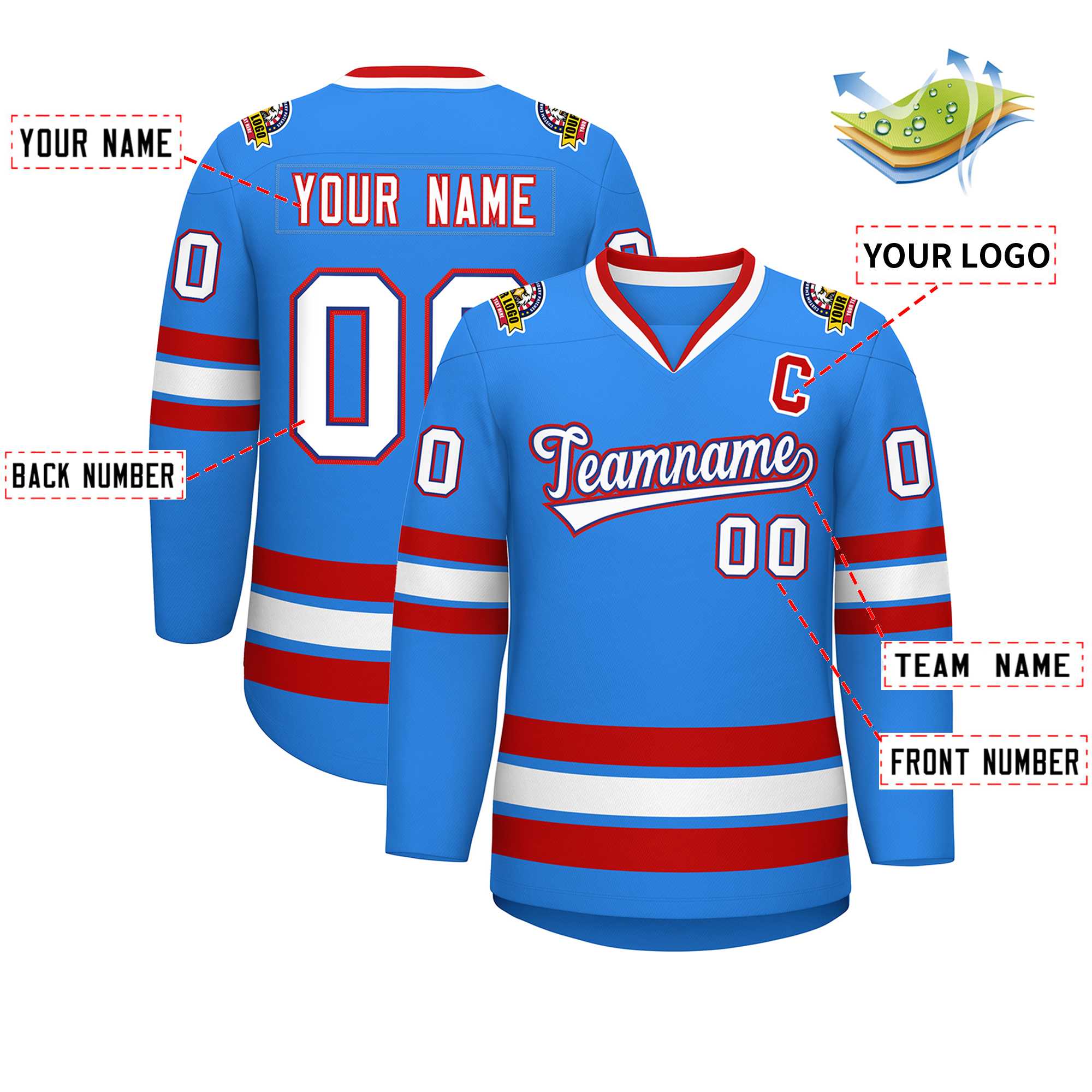 Maillot de hockey de style classique bleu poudre personnalisé blanc royal-rouge