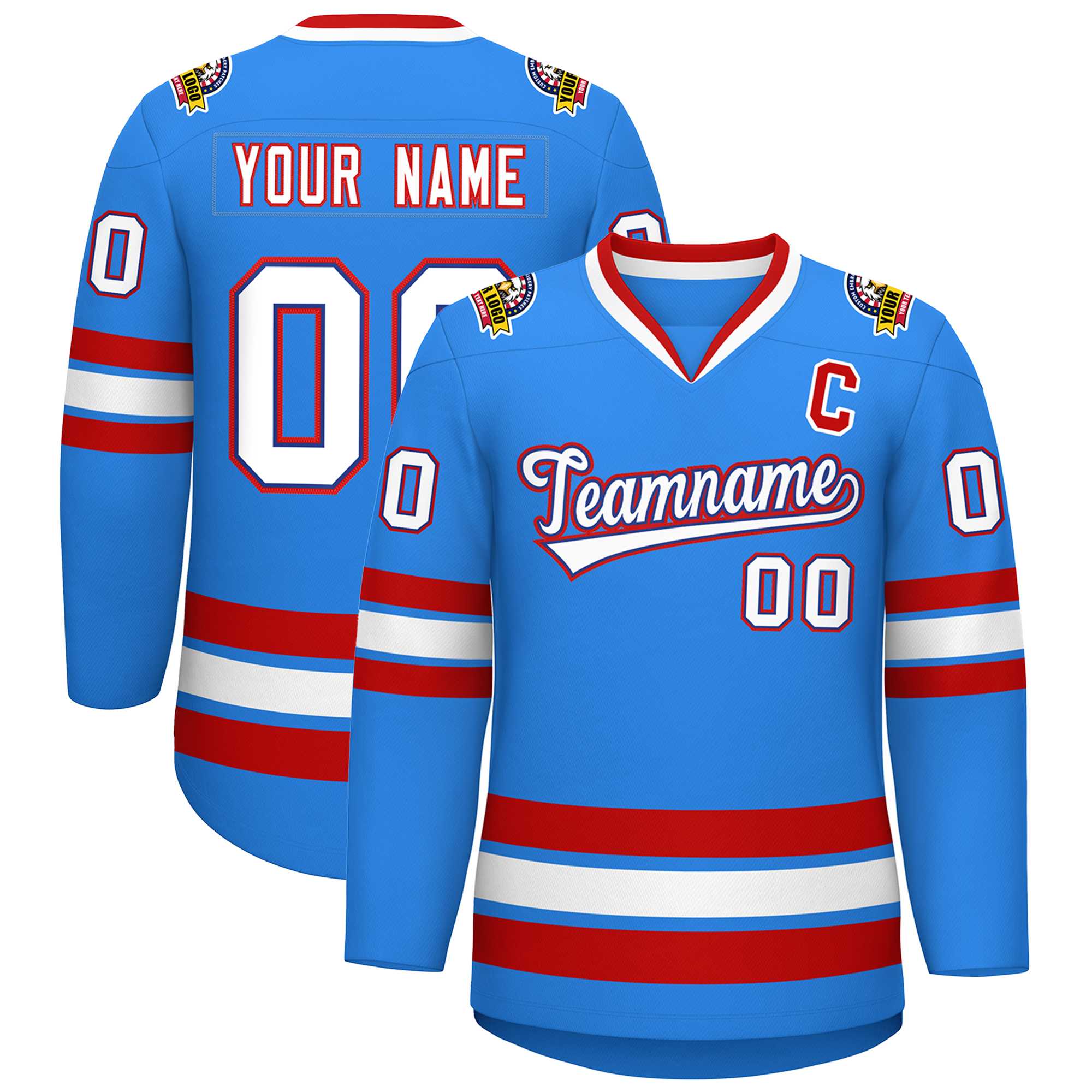 Custom Powder Blue White Royal-Red Classic Style Hockey Jersey