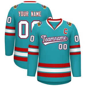 Custom Aqua White Royal-Red Classic Style Hockey Jersey