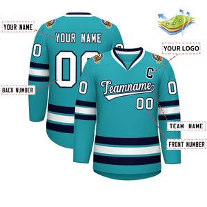 Custom Aqua White-Navy Classic Style Hockey Jersey