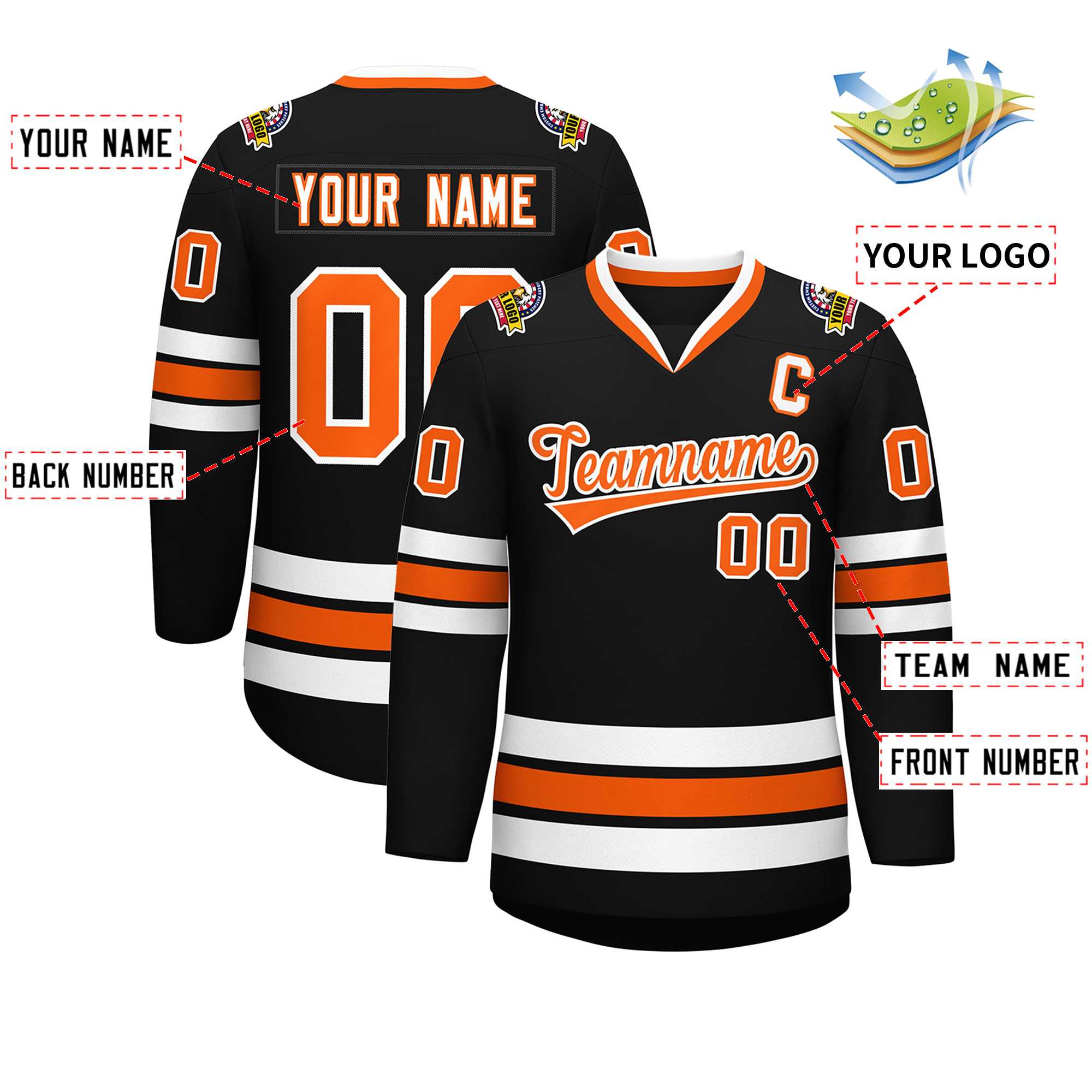 Maillot de hockey de style classique noir orange-blanc personnalisé