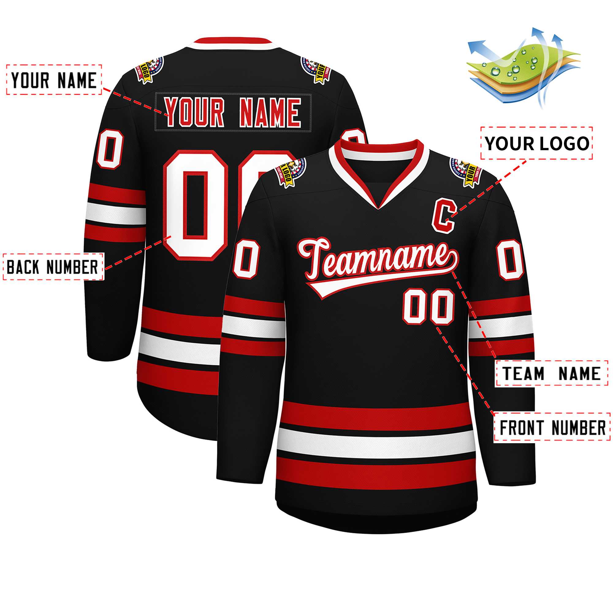 Custom Black White-Red Classic Style Hockey Jersey