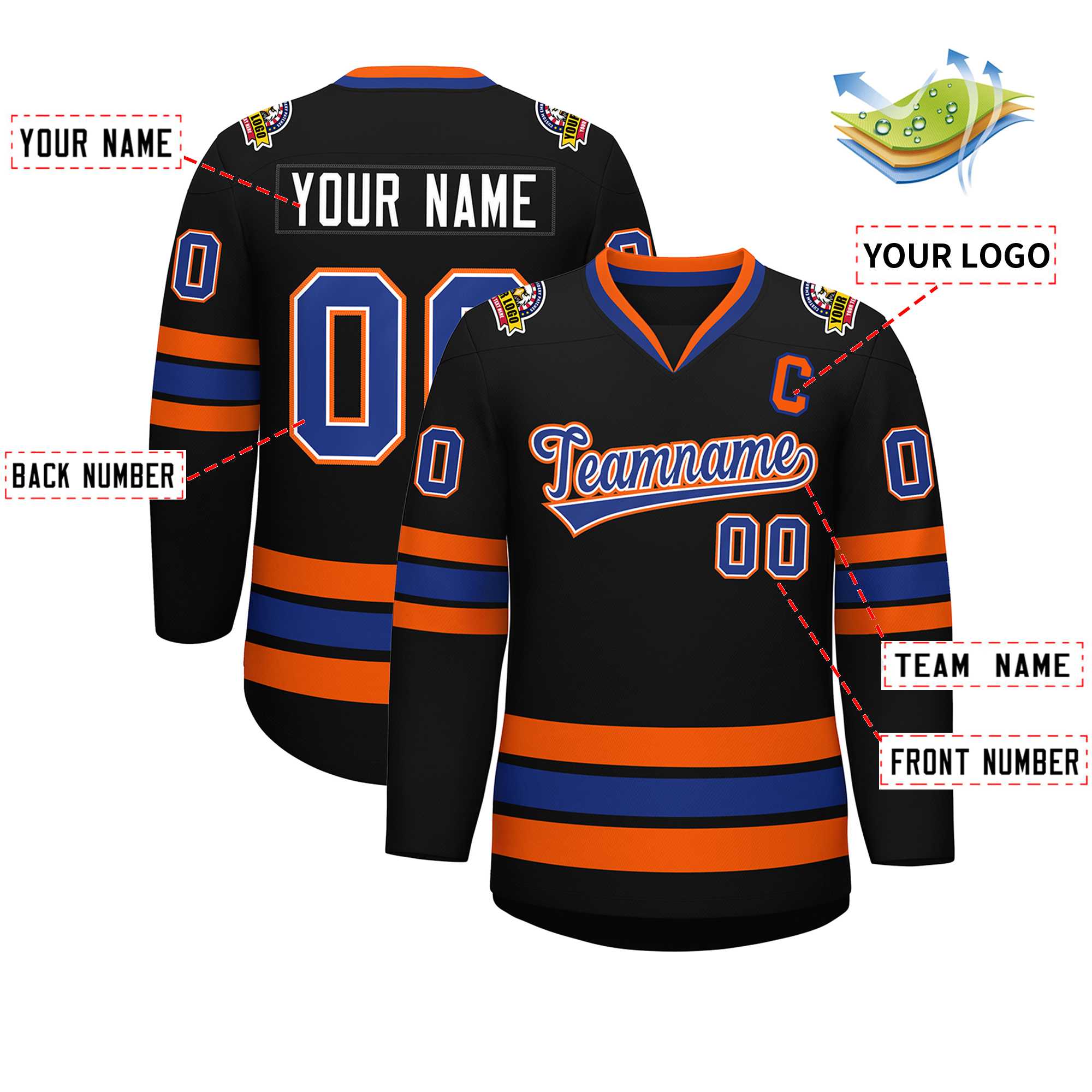 Custom Black Royal White-Orange Classic Style Hockey Jersey