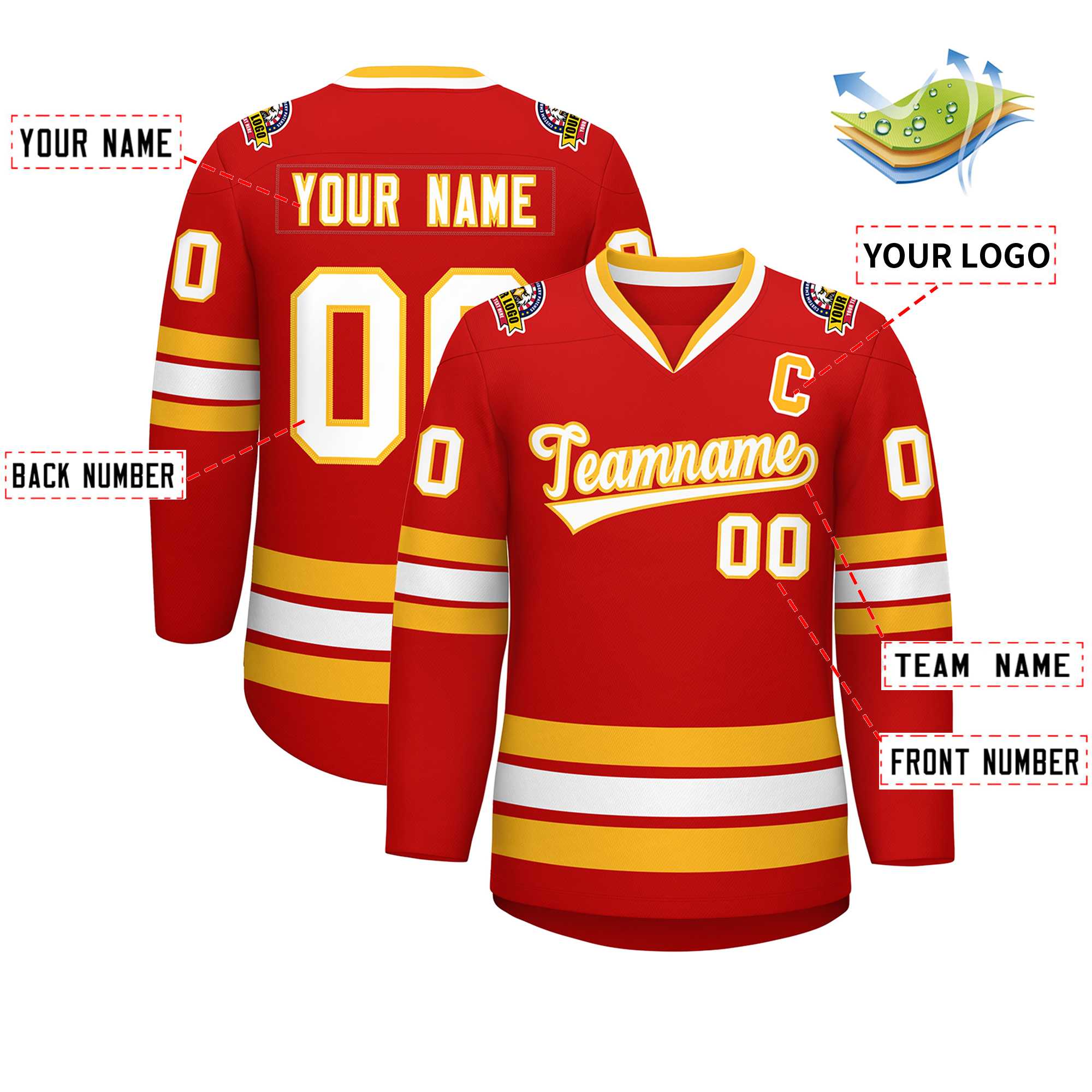 Custom Red White-Gold Classic Style Hockey Jersey