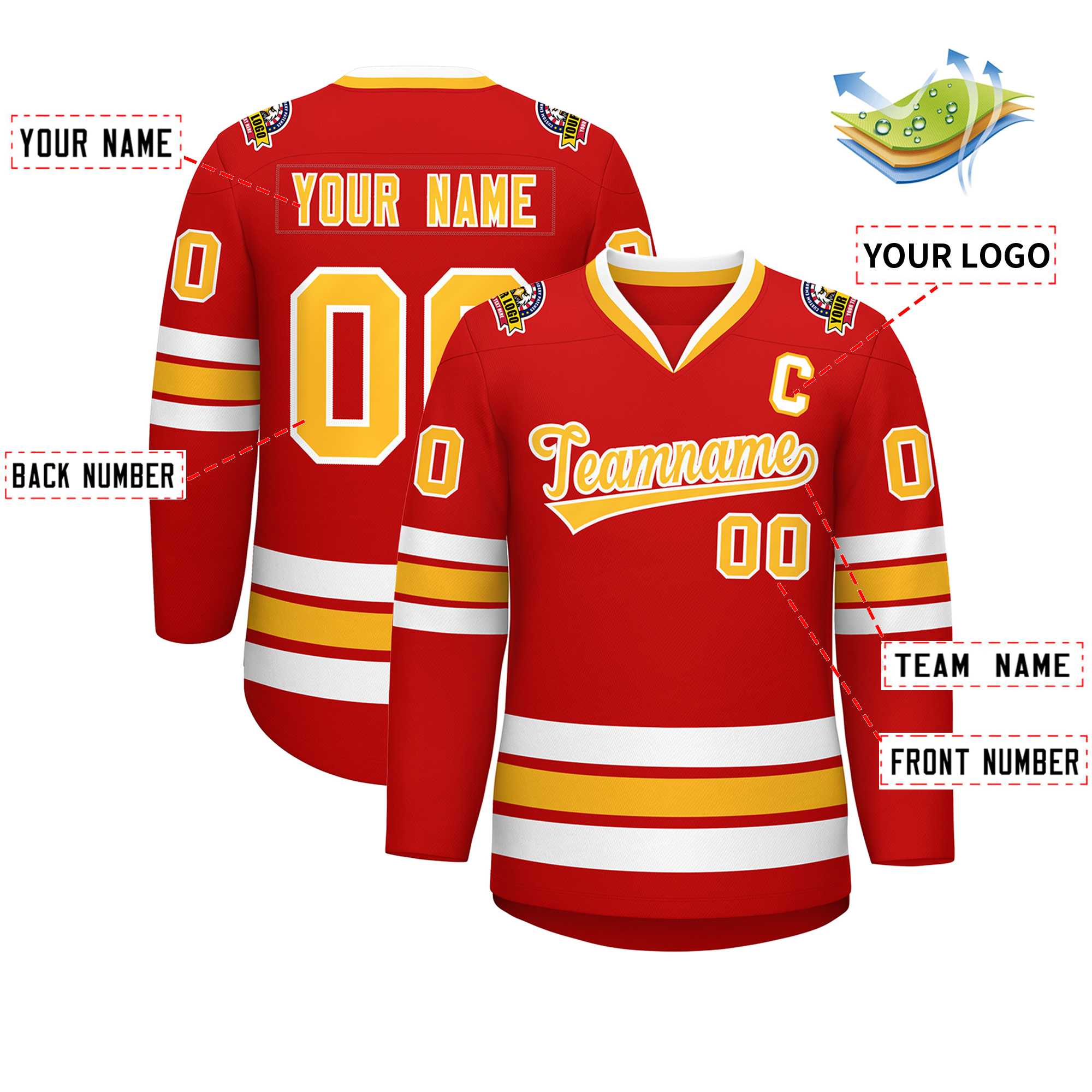 Custom Red Gold-White Classic Style Hockey Jersey