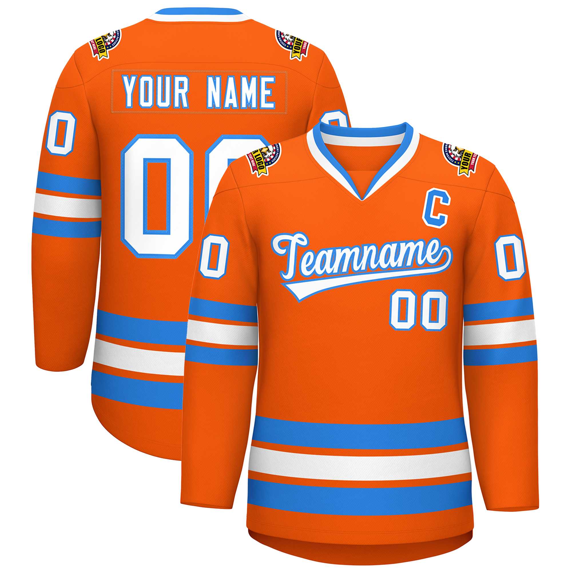 Maillot de hockey de style classique orange blanc-bleu poudre personnalisé