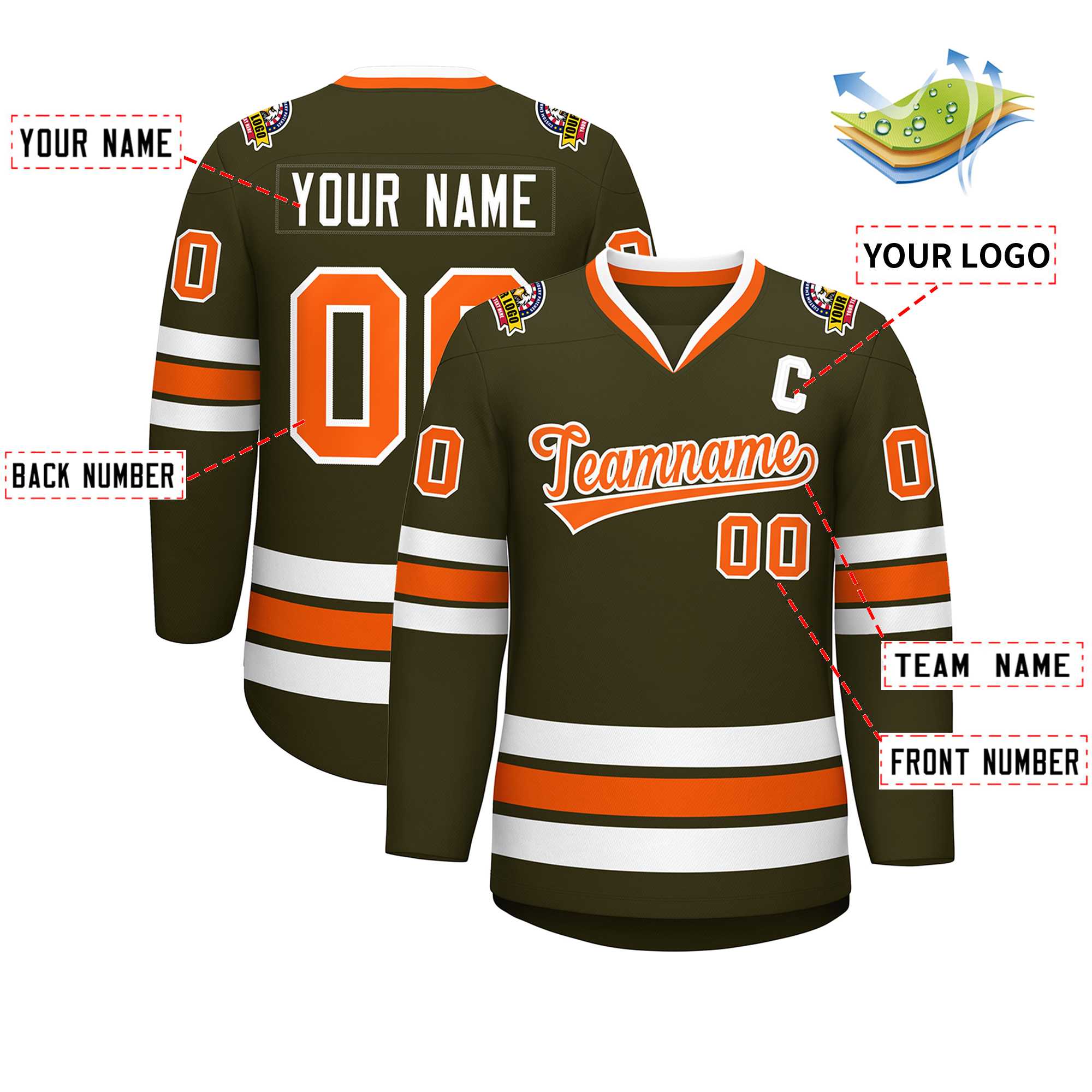 Maillot de hockey de style classique olive orange-blanc personnalisé