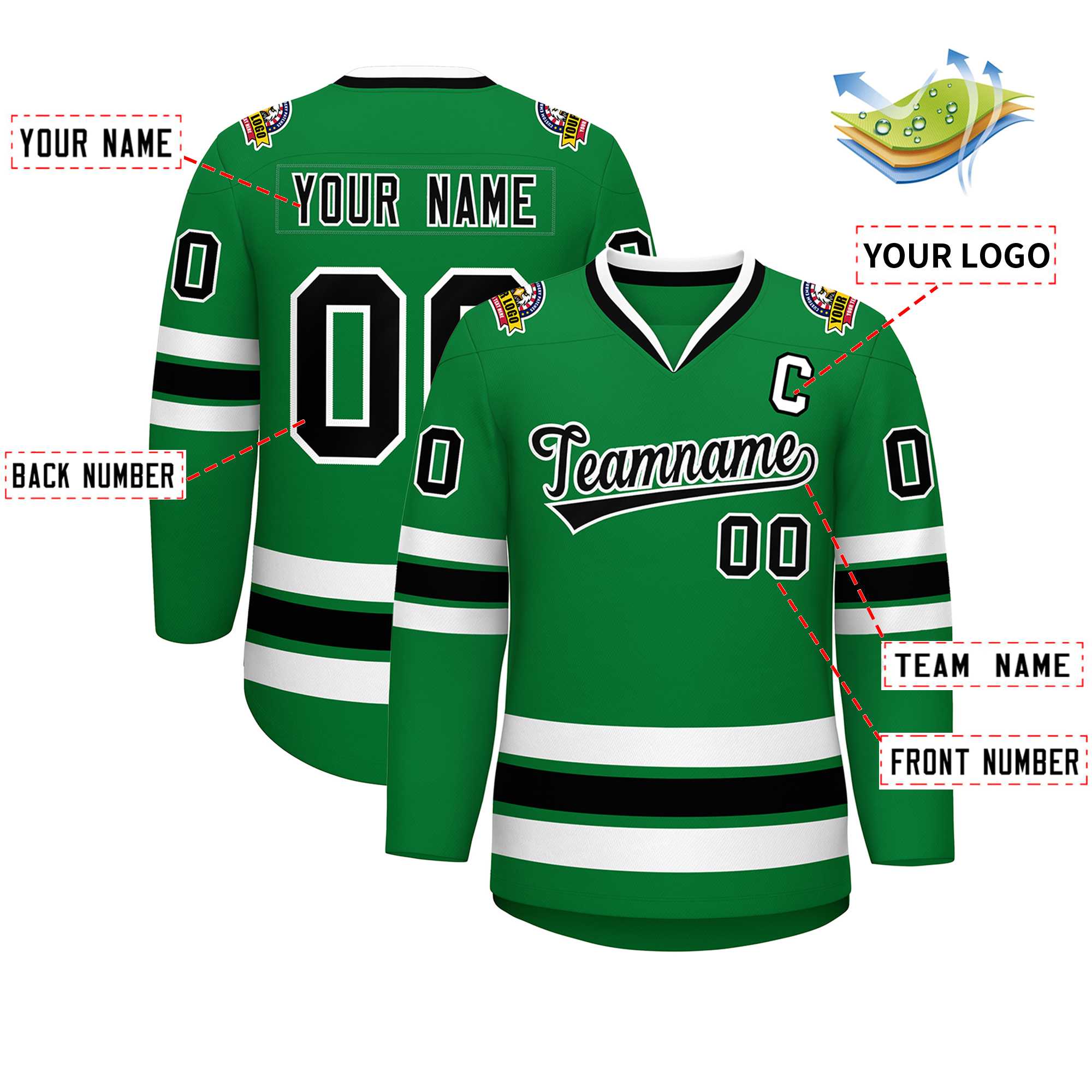 Custom Kelly Green Black-White Classic Style Hockey Jersey