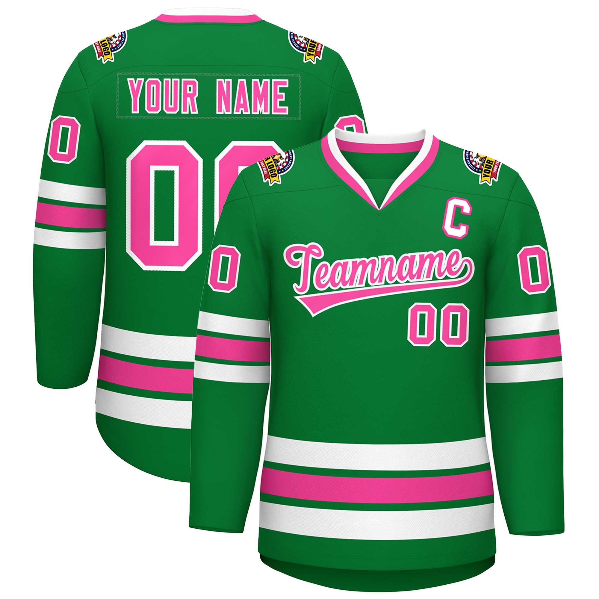 Custom Kelly Green Pink-White Classic Style Hockey Jersey