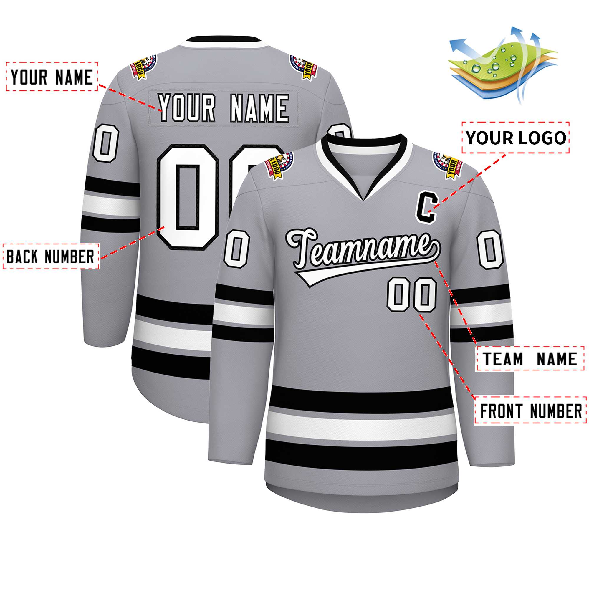 Maillot de hockey de style classique gris blanc-noir personnalisé