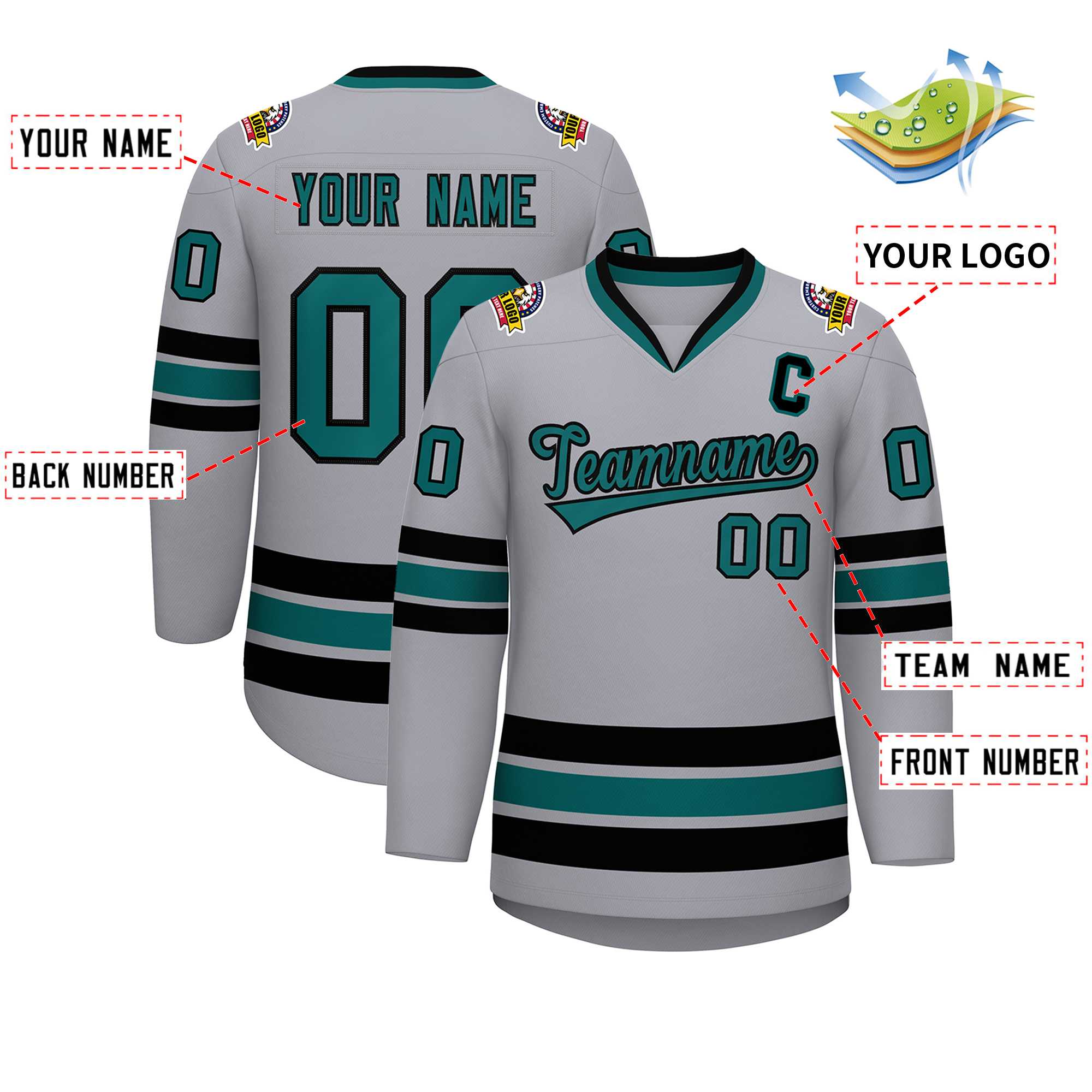 Custom Gray Aqua-Black Classic Style Hockey Jersey