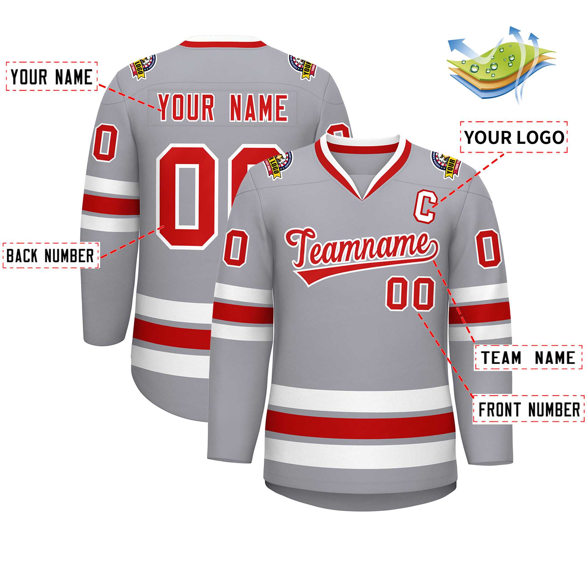 Maillot de hockey de style classique gris rouge-blanc personnalisé