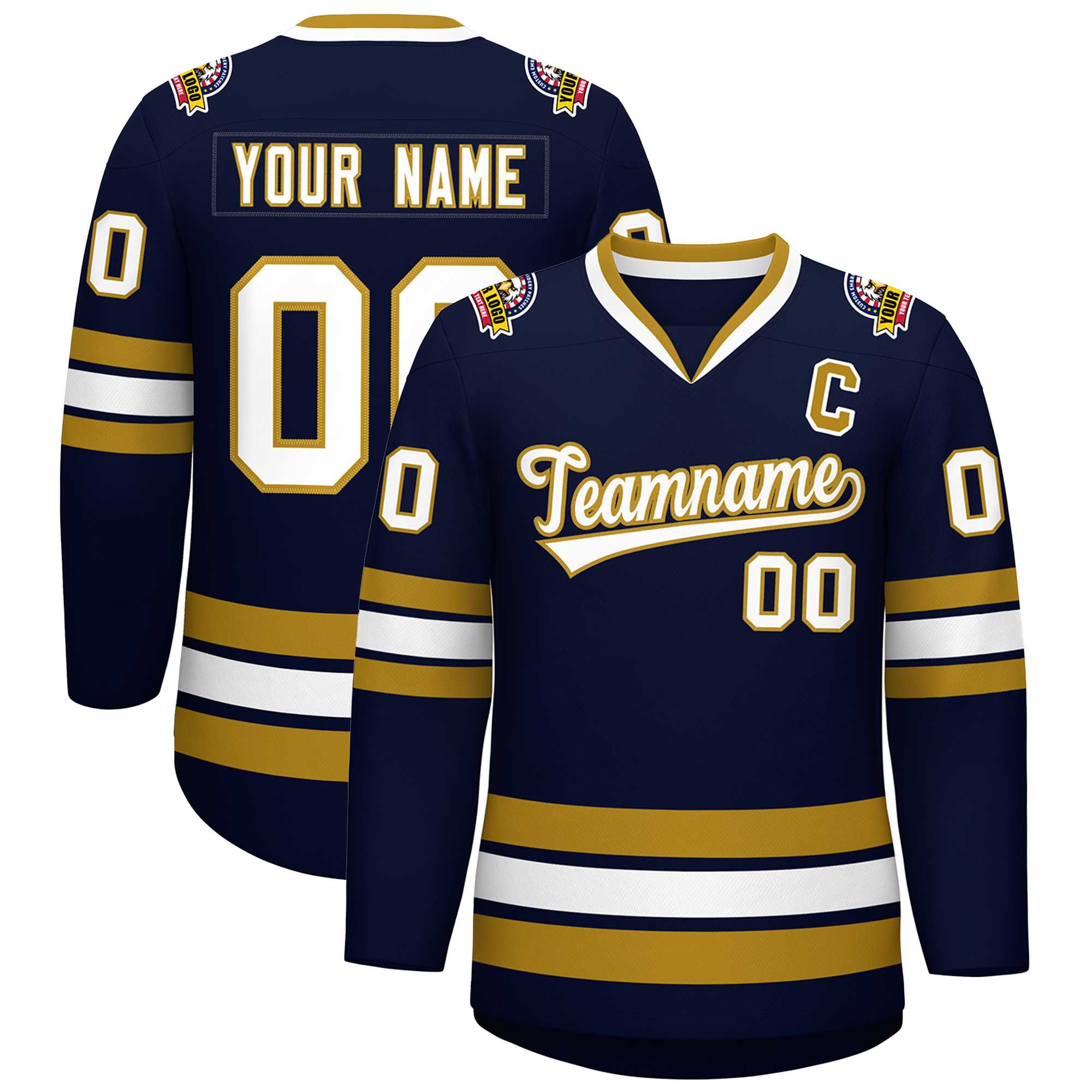 Custom Navy White-Old Gold Classic Style Hockey Jersey