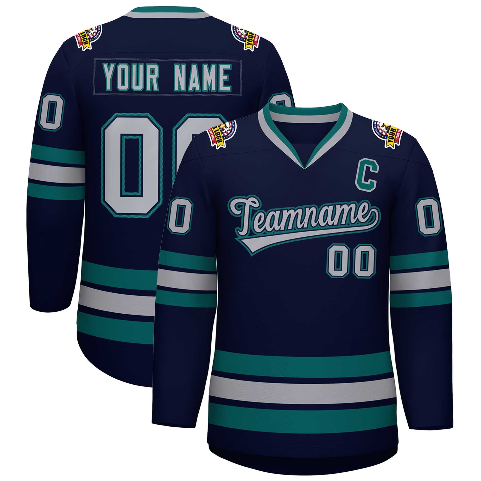 Custom Navy Gray Navy-Aqua Classic Style Hockey Jersey