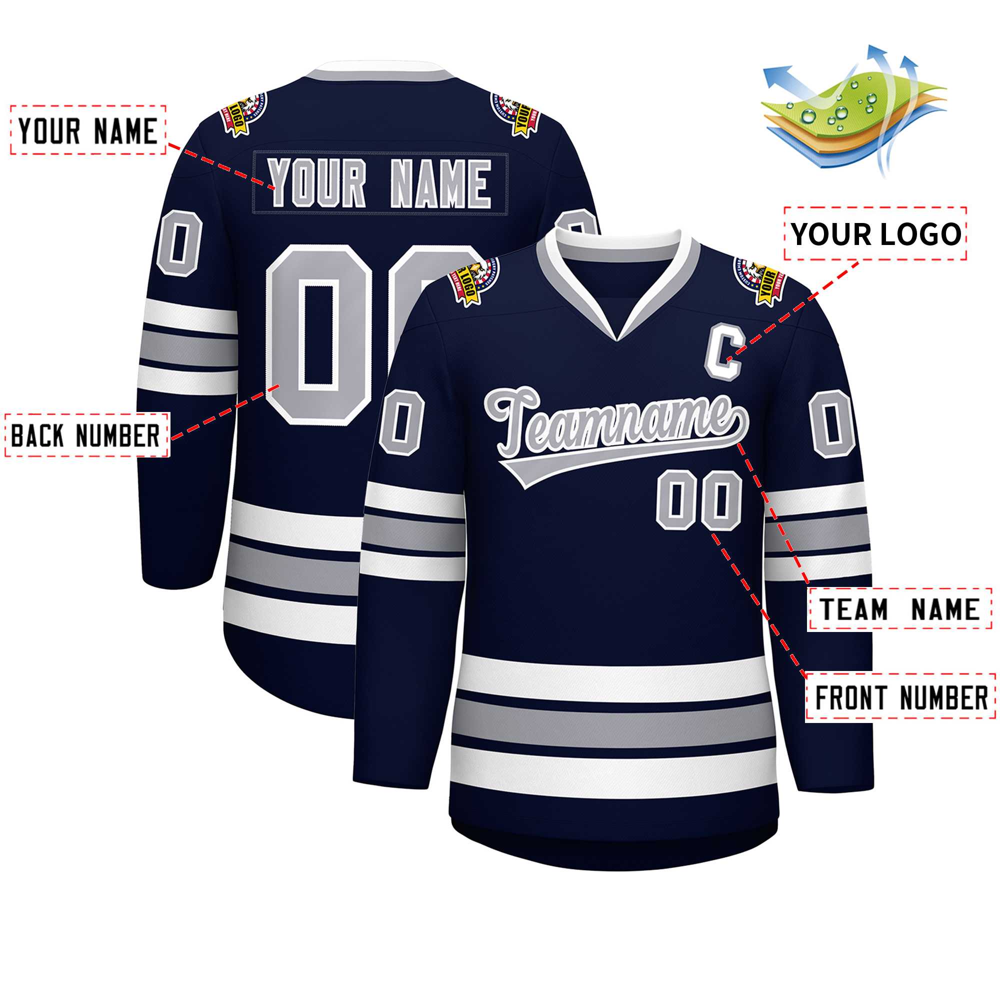 Custom Navy Gray-White Classic Style Hockey Jersey