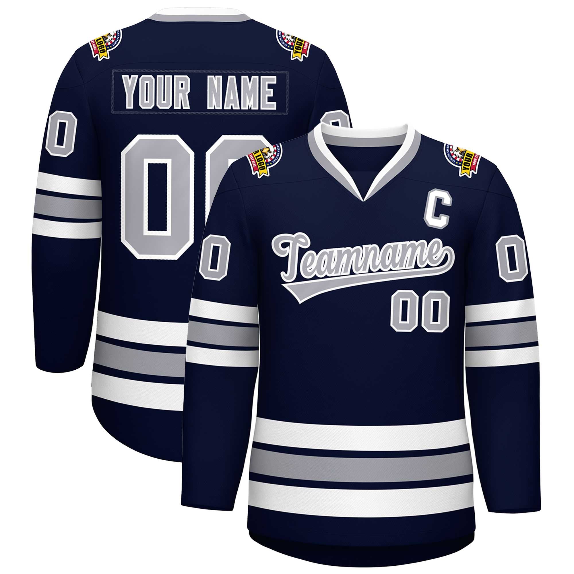 Custom Navy Gray-White Classic Style Hockey Jersey