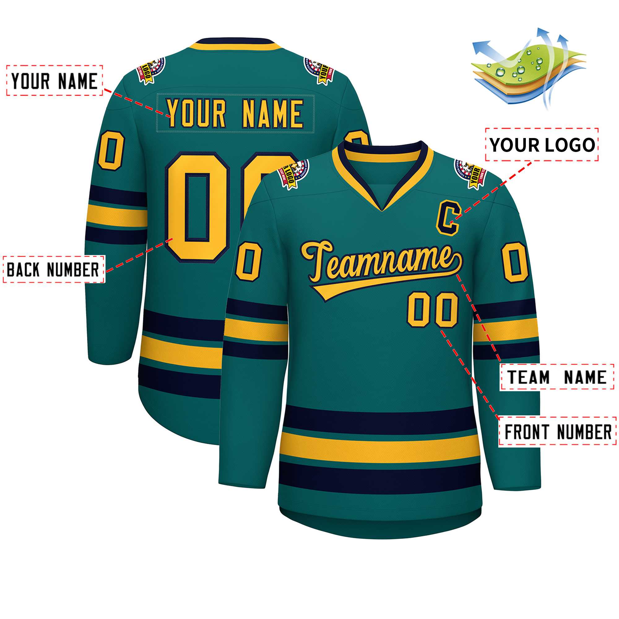 Custom Aqua Gold-Navy Classic Style Hockey Jersey