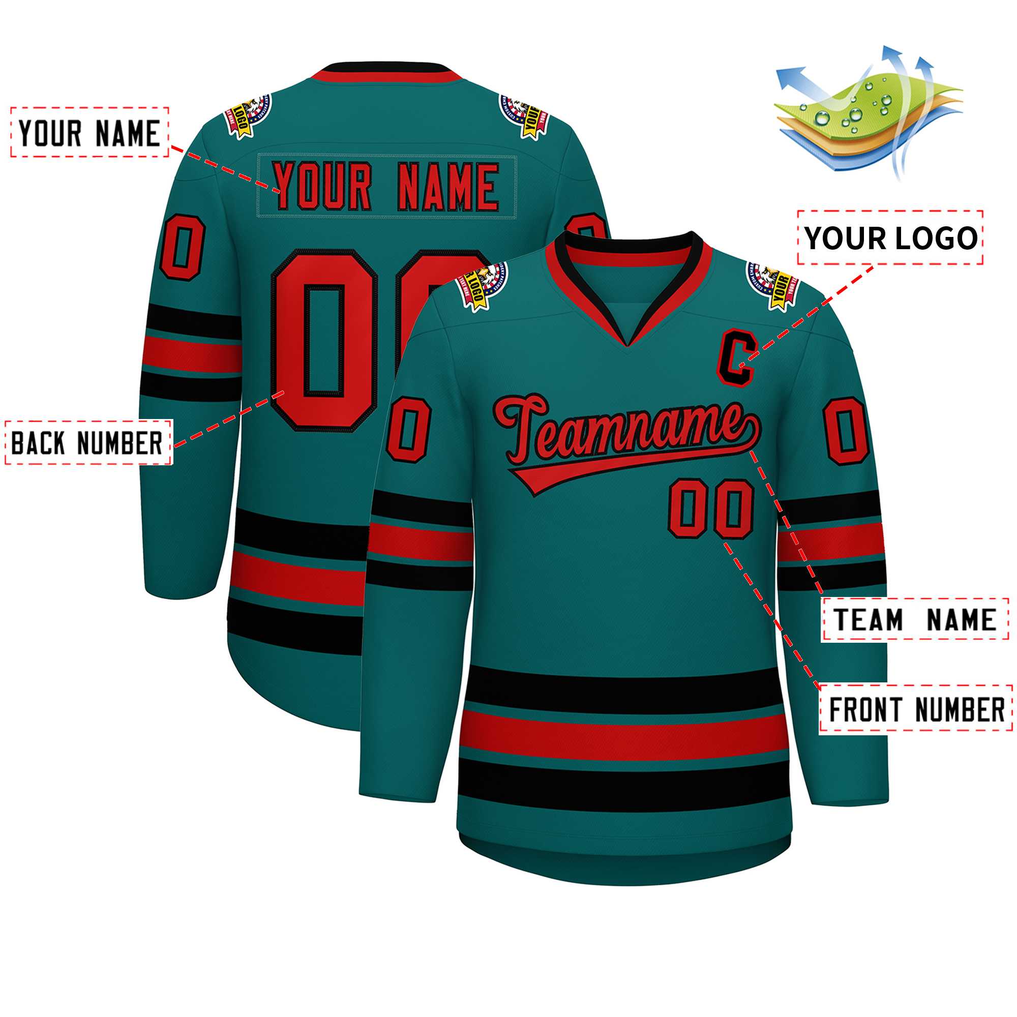 Maillot de hockey de style classique Aqua rouge-noir personnalisé