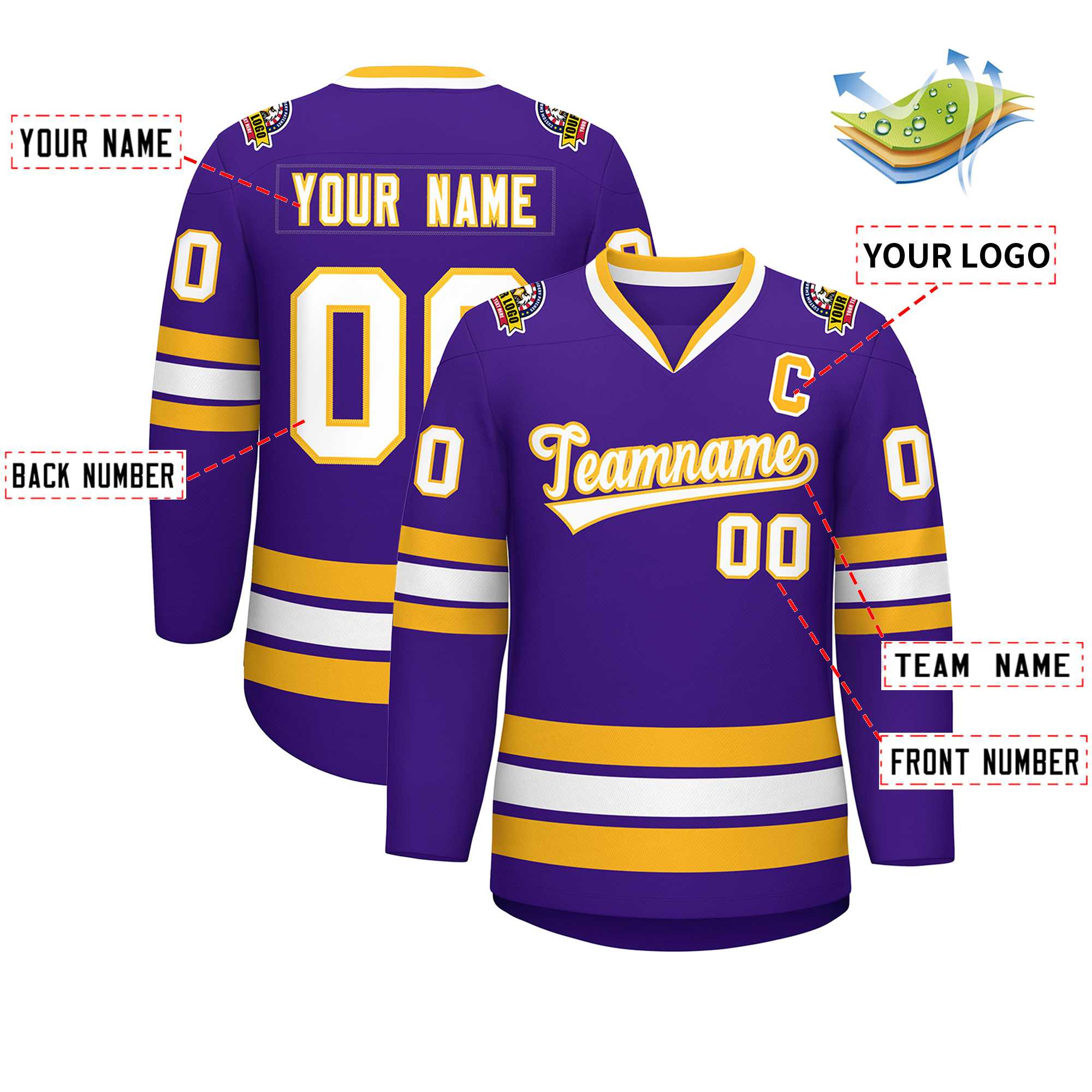 Maillot de hockey de style classique violet blanc-or personnalisé