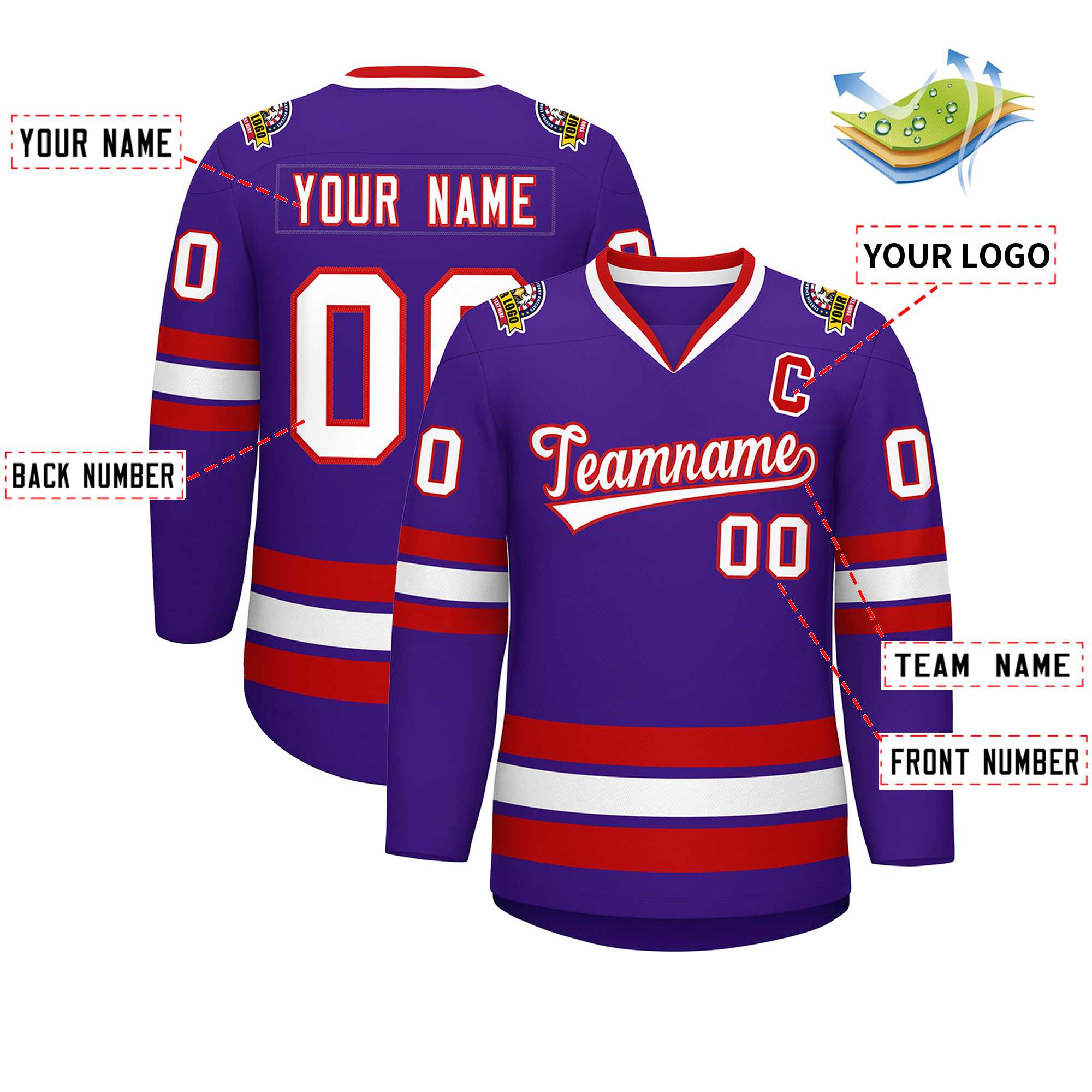 Maillot de hockey de style classique violet blanc-rouge personnalisé