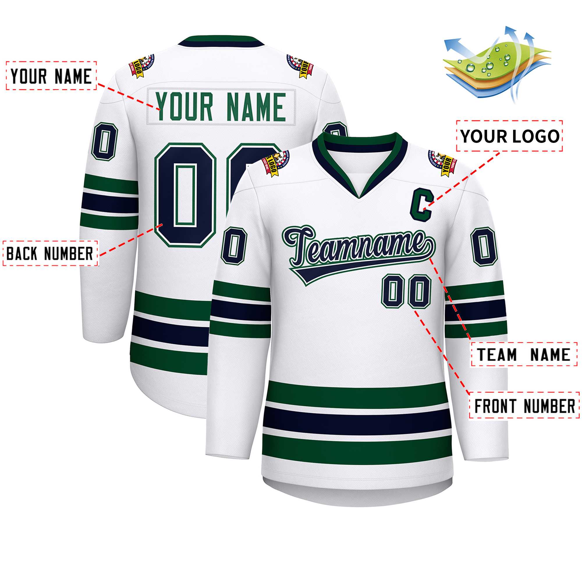 Maillot de hockey de style classique blanc-vert personnalisé blanc marine