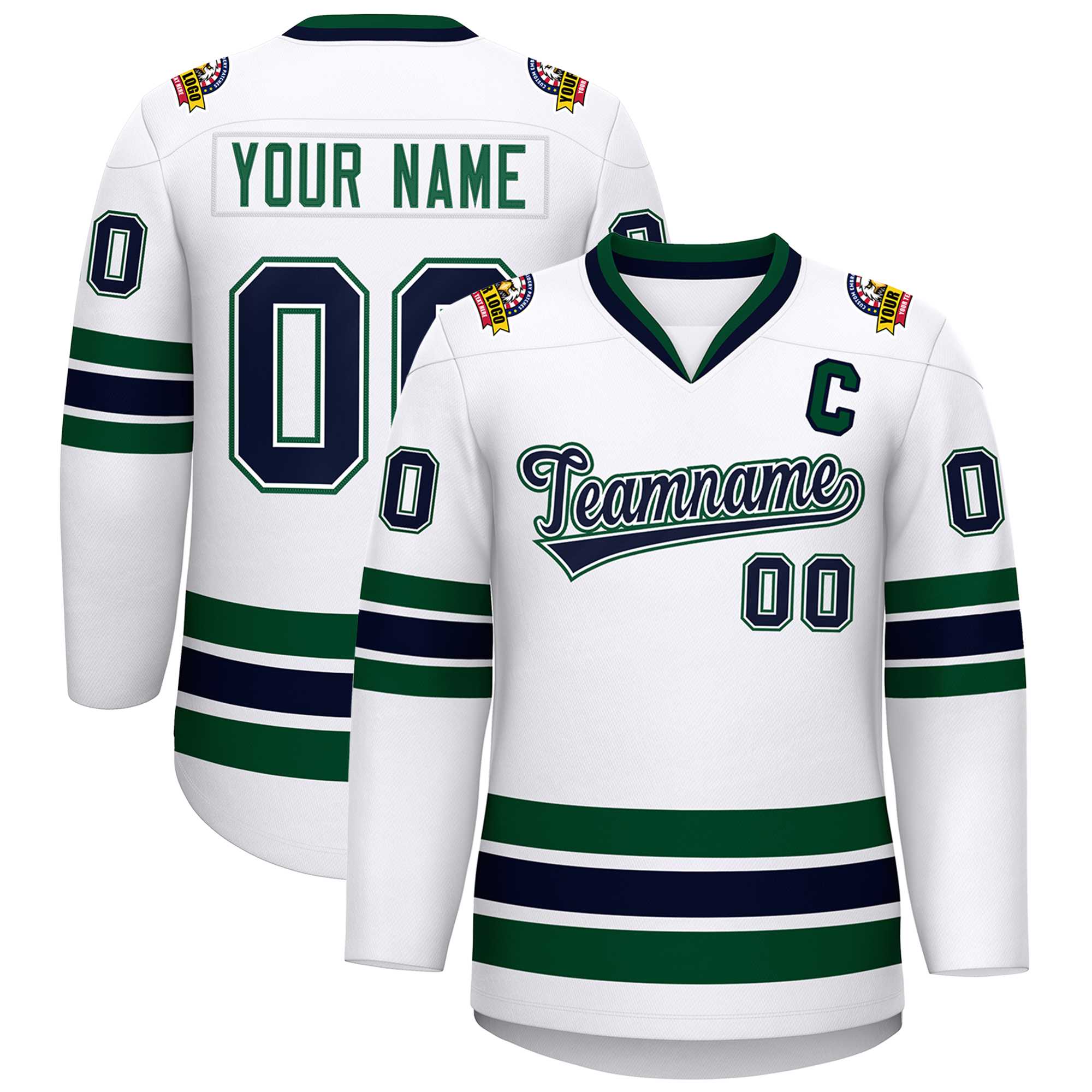 Custom White Navy White-Green Classic Style Hockey Jersey