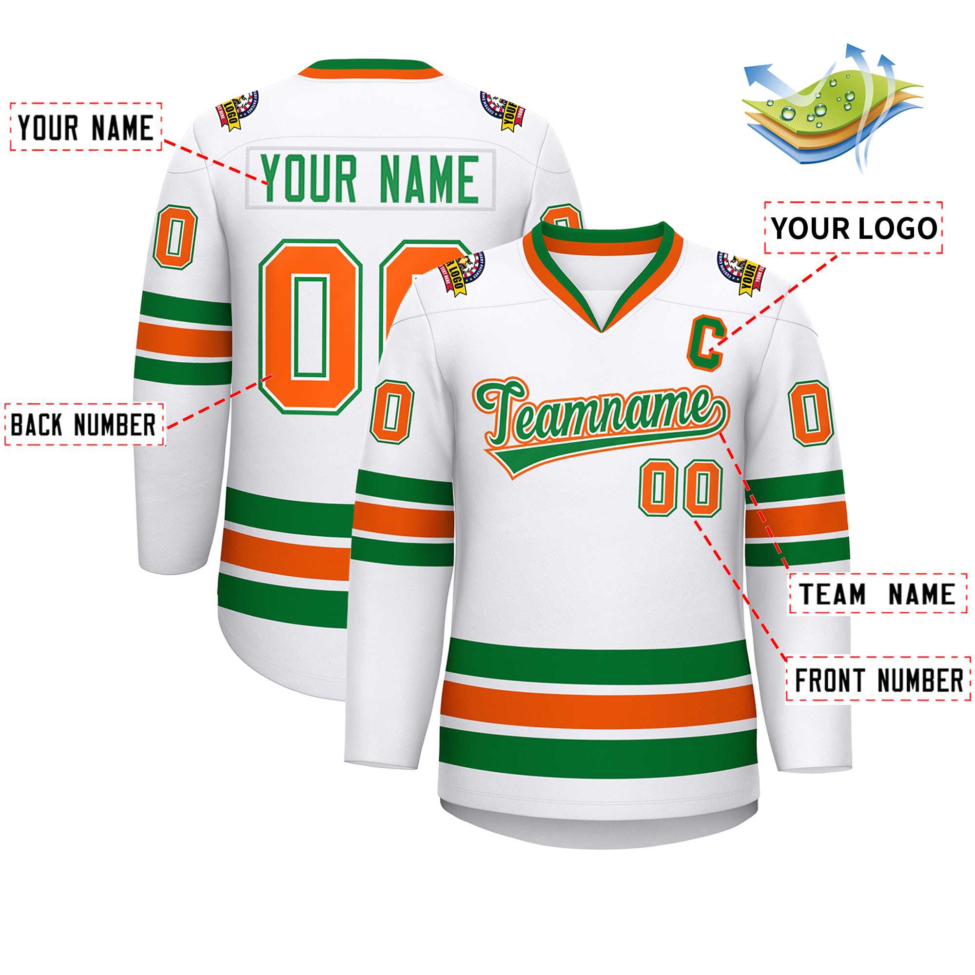 Maillot de hockey personnalisé blanc Kelly vert blanc-Orange, style classique