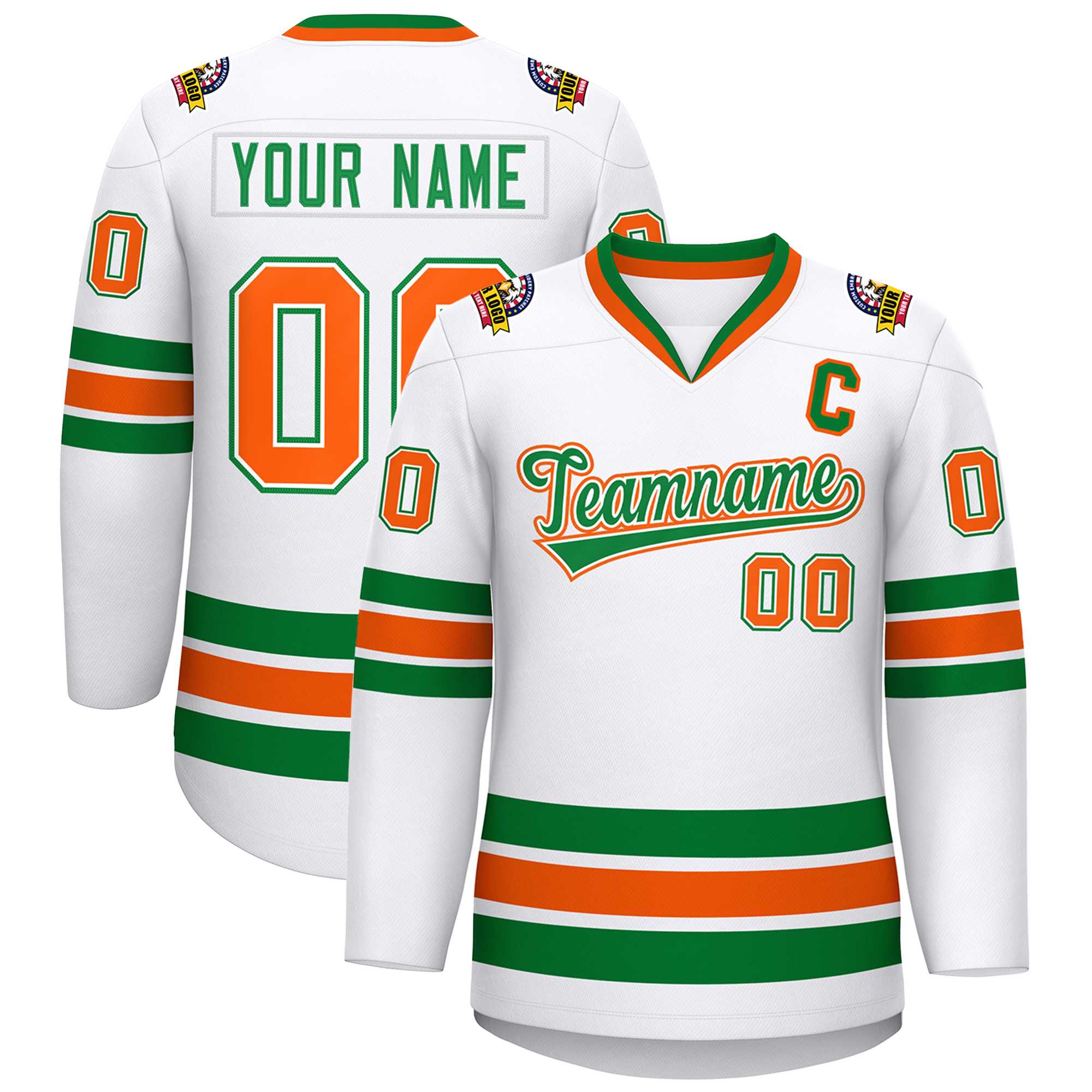 Custom White Kelly Green White-Orange Classic Style Hockey Jersey