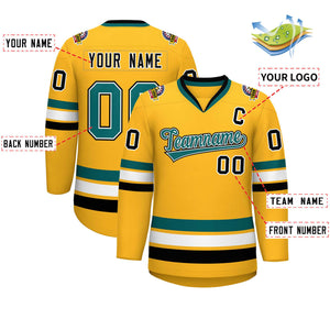 Maillot de hockey de style classique personnalisé Gold Aqua blanc-noir