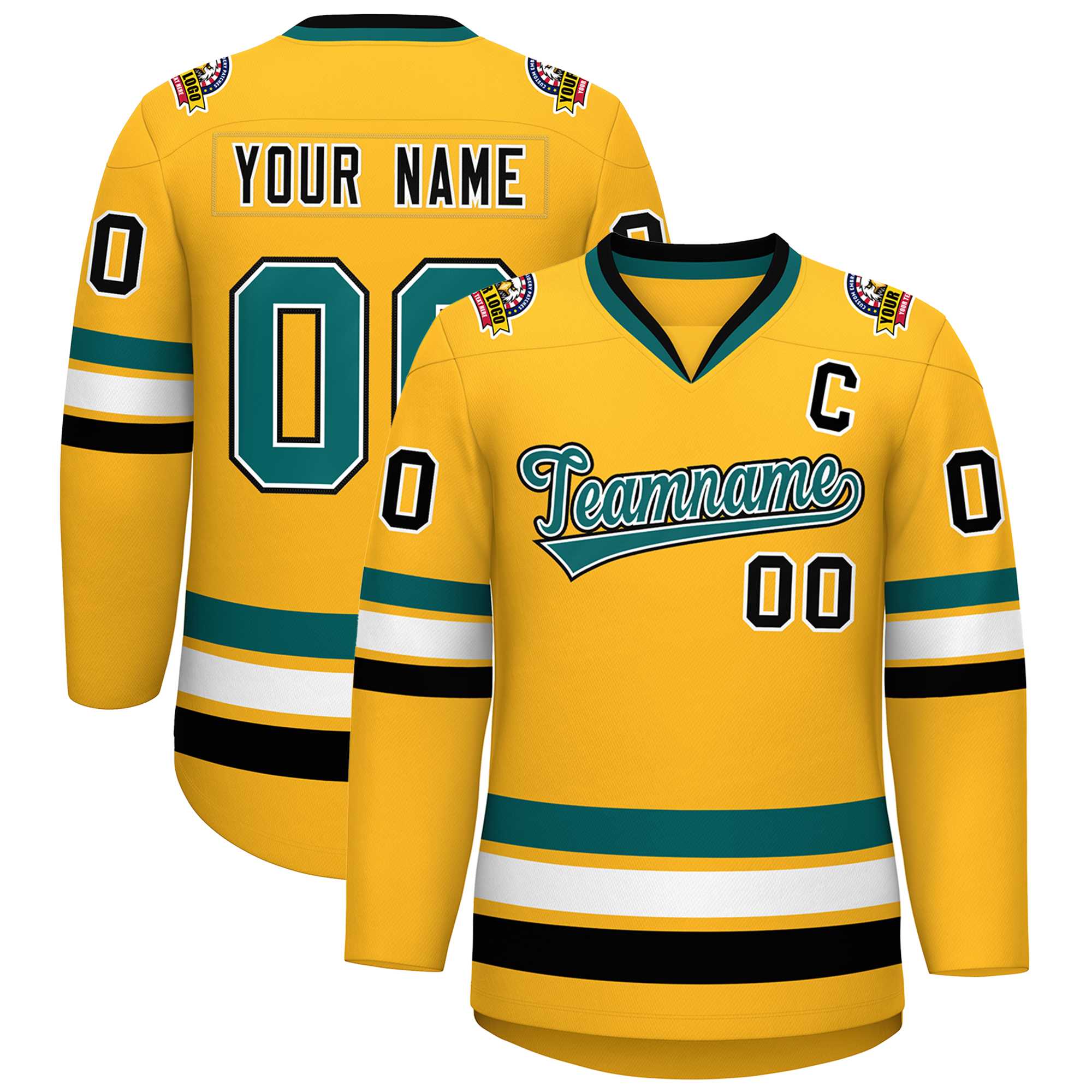 Maillot de hockey de style classique personnalisé Gold Aqua blanc-noir