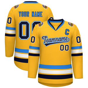 Custom Gold Navy White-Powder Blue Classic Style Hockey Jersey