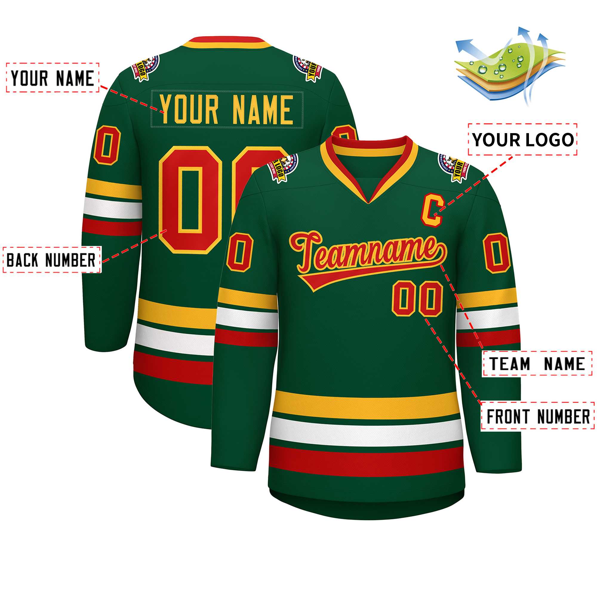 Maillot de hockey de style classique vert rouge-or personnalisé