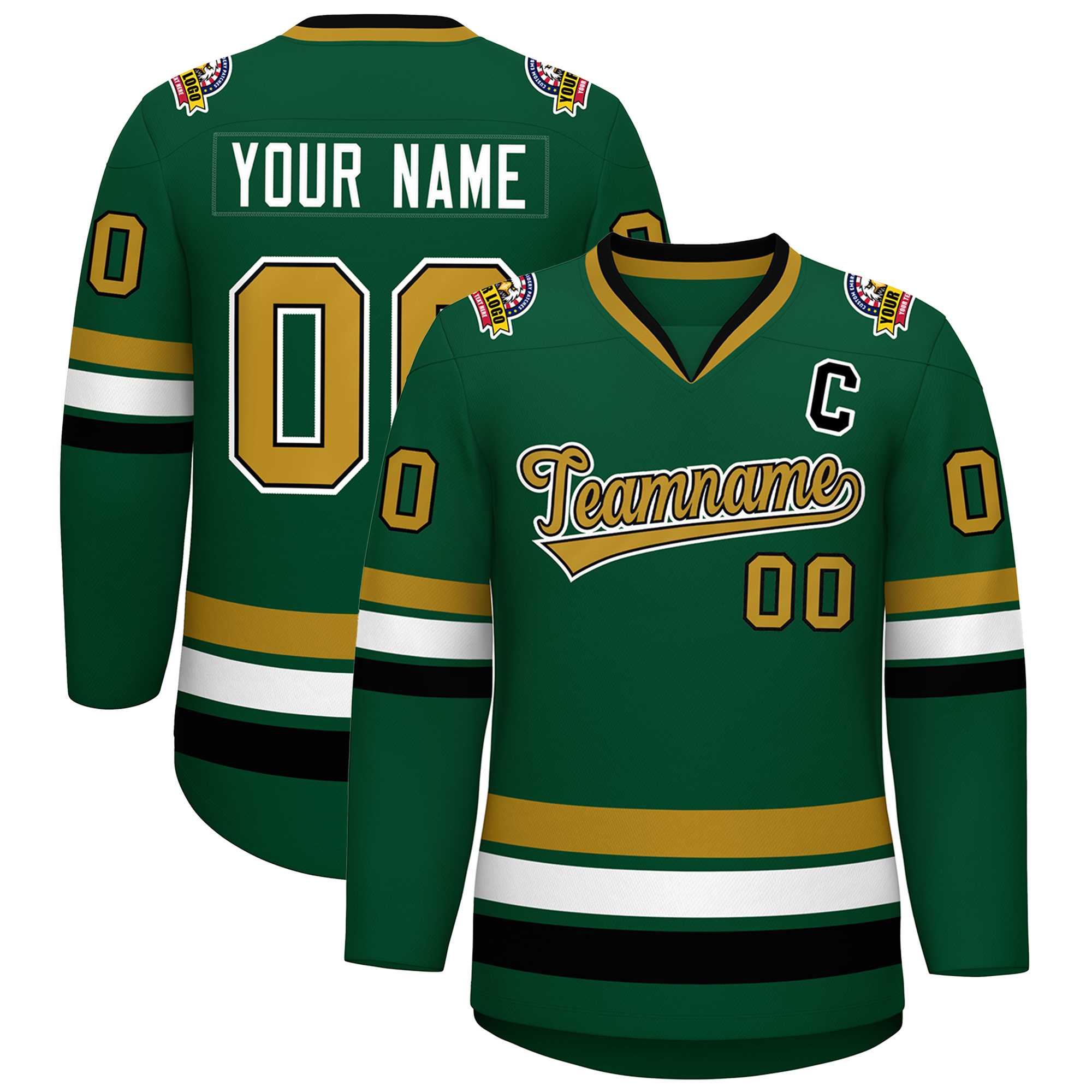 Custom Green Old Gold Black-White Classic Style Hockey Jersey