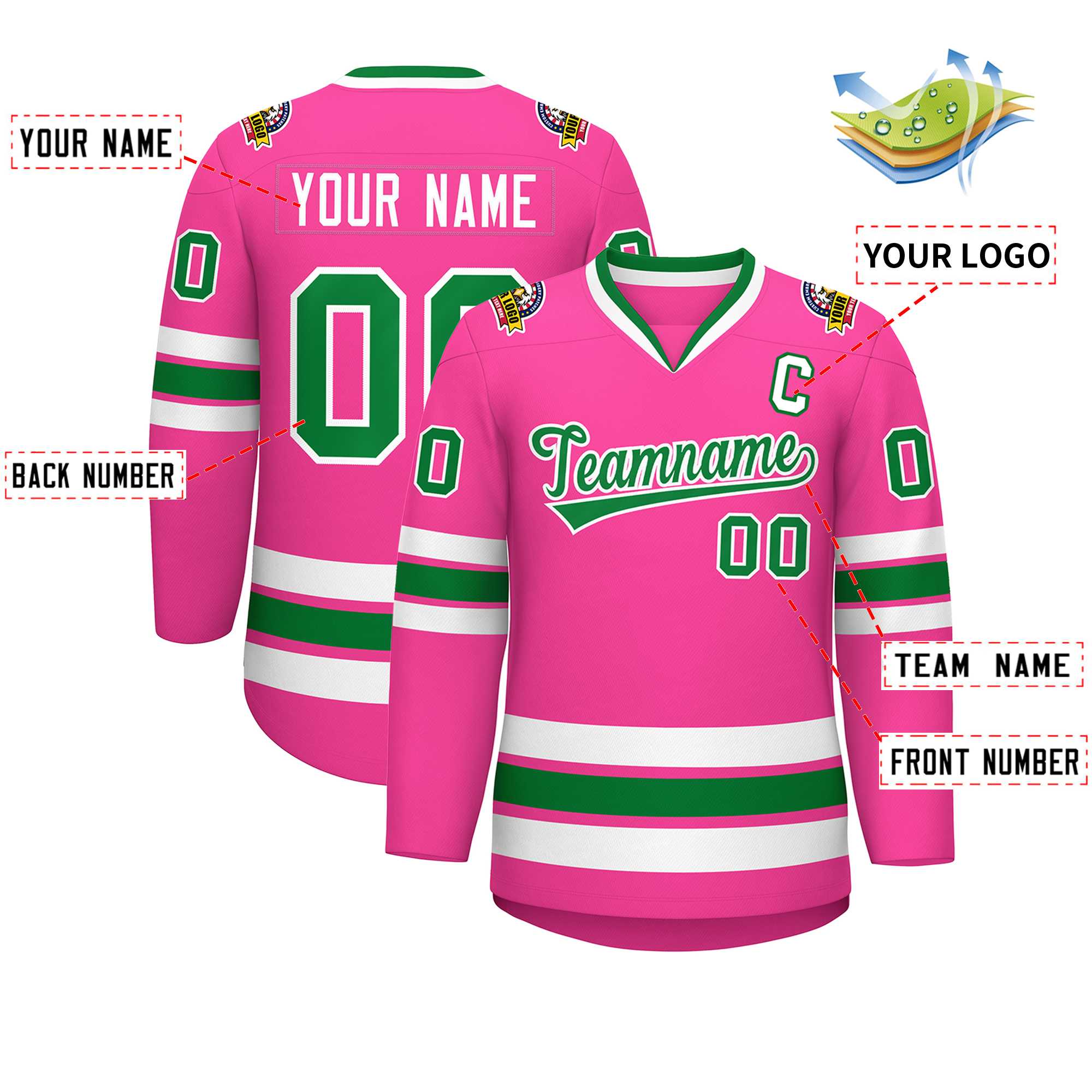 Custom Pink Kelly Green-White Classic Style Hockey Jersey