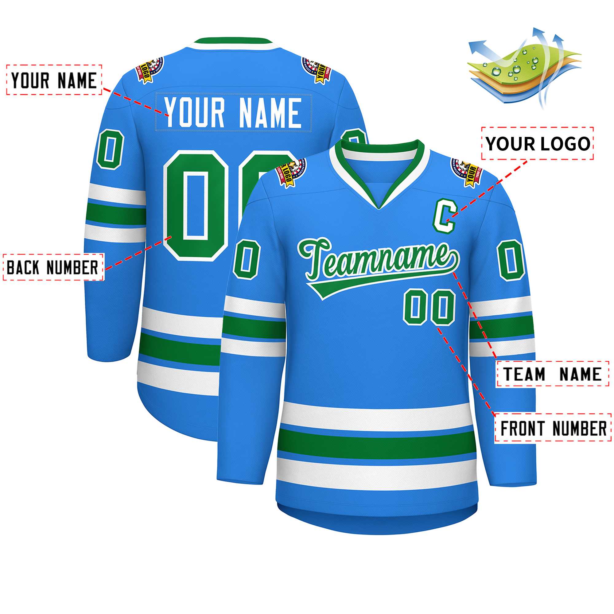 Maillot de hockey de style classique Kelly vert-blanc bleu poudre personnalisé