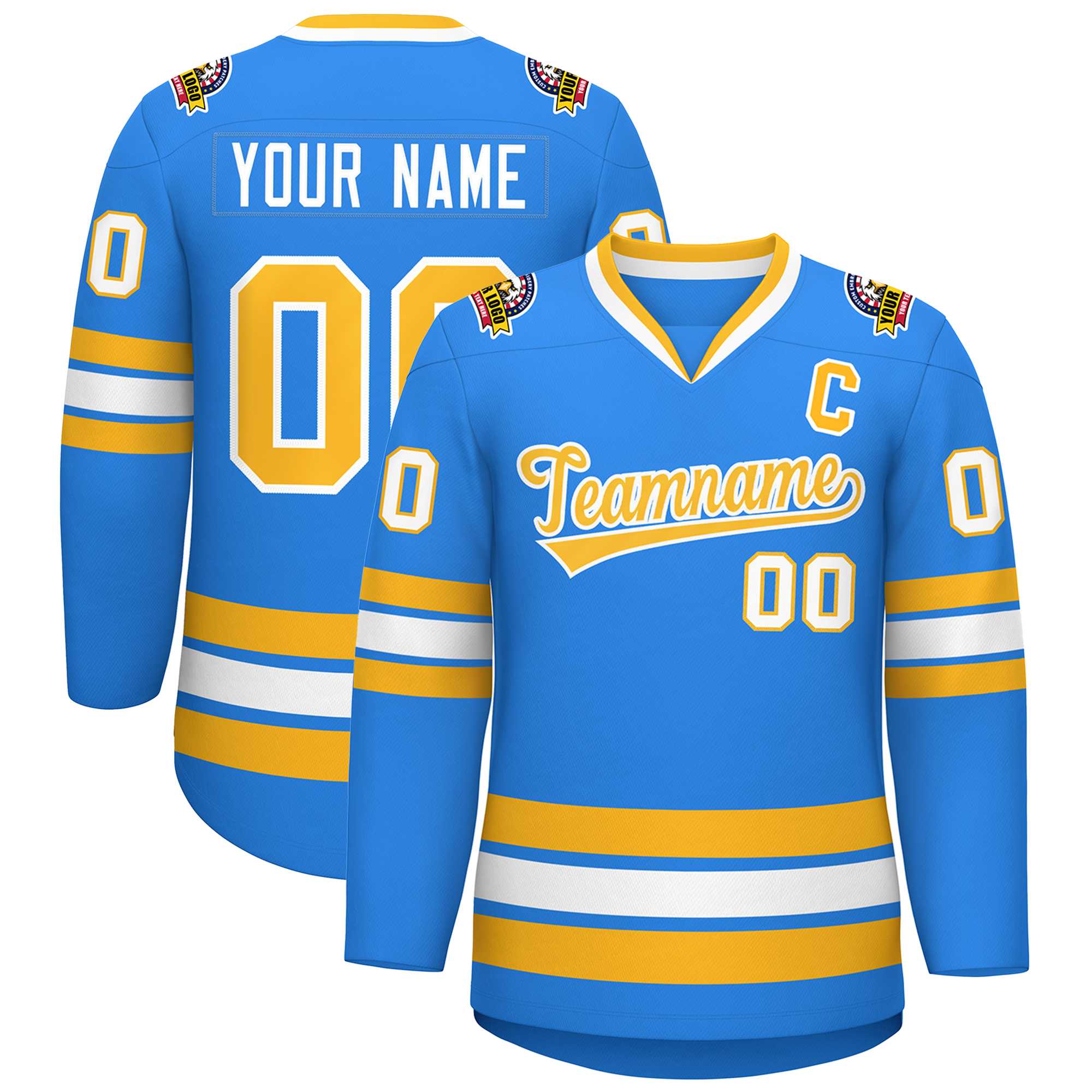 Custom Powder Blue Gold-White Classic Style Hockey Jersey