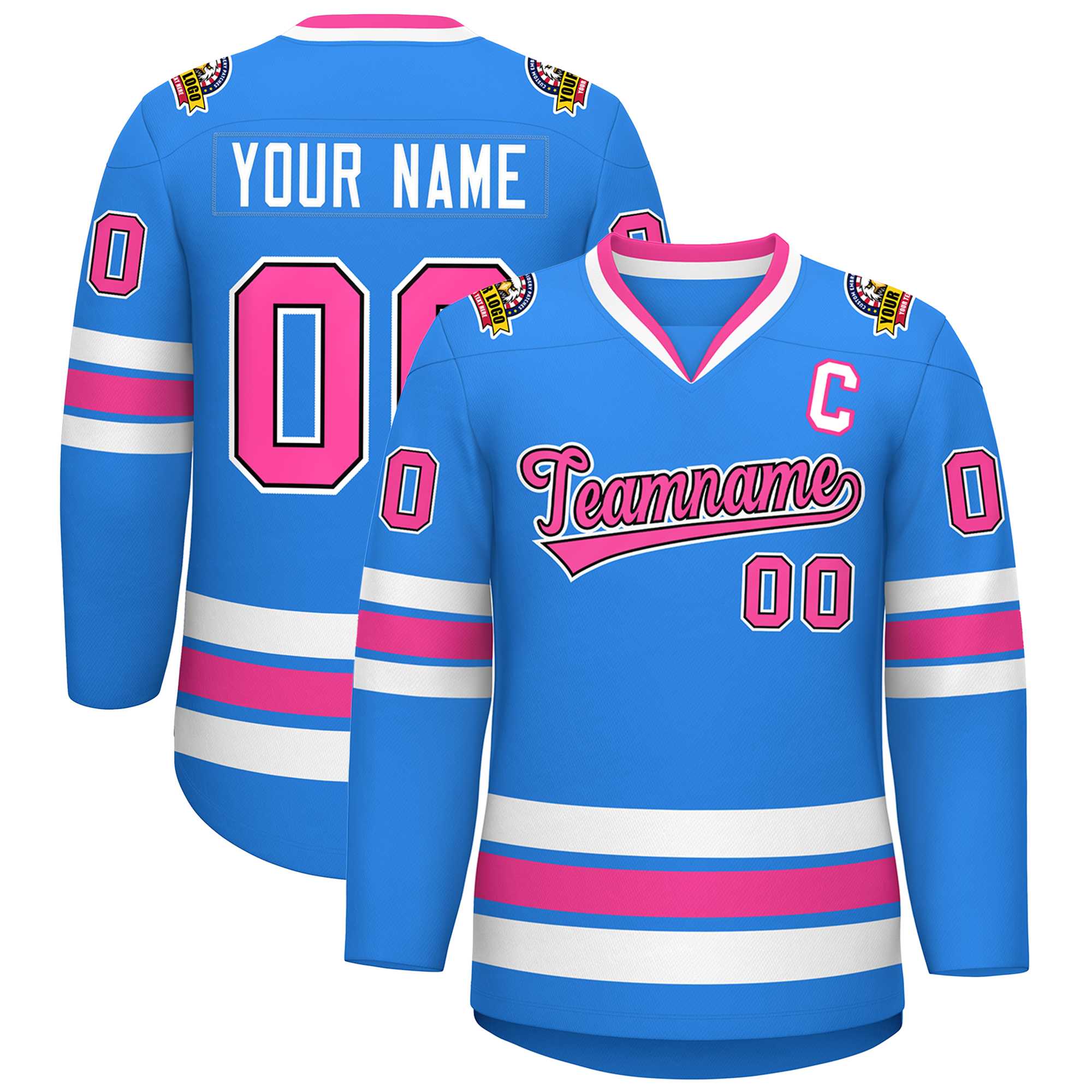 Custom Powder Blue Pink Black-White Classic Style Hockey Jersey