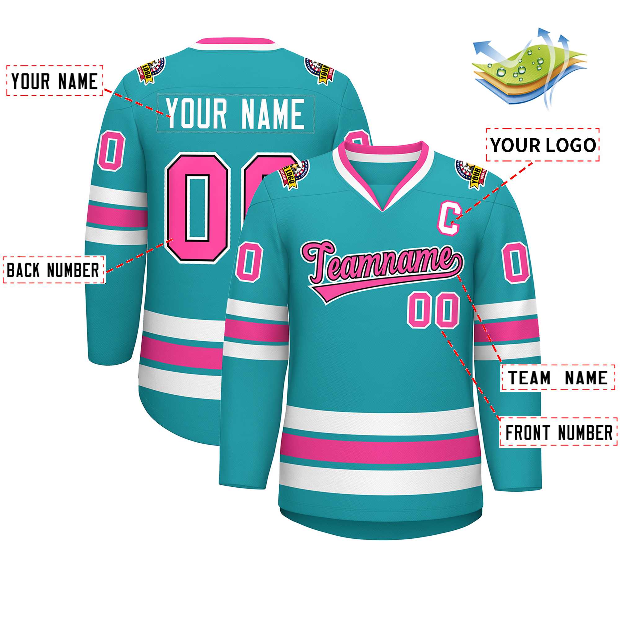 Maillot de hockey de style classique personnalisé Aqua Pink Navy-White